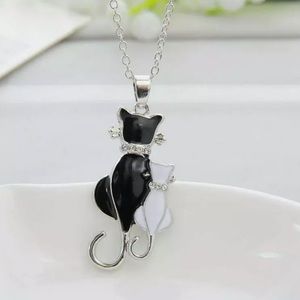 Black Cat White Kitten Silver Necklace - NIP + Bag